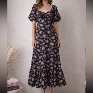 Hyacinth House Floral Open Back Puff Sleeve Midi Dress